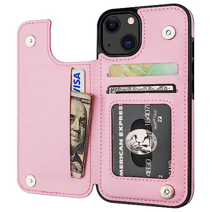 ONETOP for iPhone 13 Wallet Case with Card Holder,Pink | Kickstand,ID/Cash Holder,Case Wallet with Card Slots,Double Magnetic Clasp,Durable PU Leather Shockproof Cover for Women Men - color: Pink