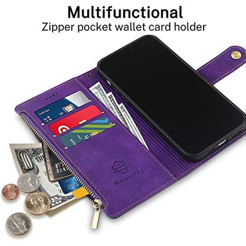 Antsturdy for iPhone 13 Pro Phone Wallet Case Women,(Purple) | RFID Blocking,with Credit Card Holder Slots,PU Leather Purse,Zipper Pocket,Wrist Strap Kickstand,Flip Folio Cover for Men - color: Z - Purple