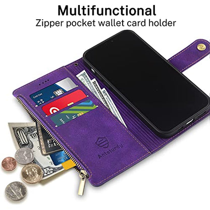 Antsturdy for iPhone 13 Pro Phone Wallet Case Women,(Purple) | RFID Blocking,with Credit Card Holder Slots,PU Leather Purse,Zipper Pocket,Wrist Strap Kickstand,Flip Folio Cover for Men - color: Z - Purple