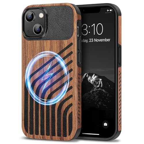 TENDLIN Magnetic Case Compatible with iPhone 14 Plus Case Wood Grain with Carbon Fiber Texture Design Leather Hybrid Slim Cover (Compatible with MagSafe) Hairline - color: Magnetic Hairline, size: iPhone 14 Plus