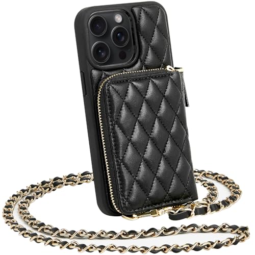 LAMEEKU Compatible with iPhone 13 Pro Wallet Case, Quilted Leather Crossbody with Chain Strap for Women Shockproof Cover 6.1 Inch-Black - color: Black-01, size: iPhone 13 Pro 6.1"