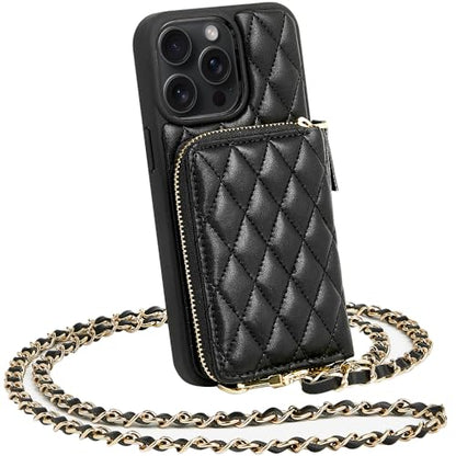 LAMEEKU Compatible with iPhone 13 Pro Wallet Case, Quilted Leather Crossbody with Chain Strap for Women Shockproof Cover 6.1 Inch-Black - color: Black-01, size: iPhone 13 Pro 6.1"