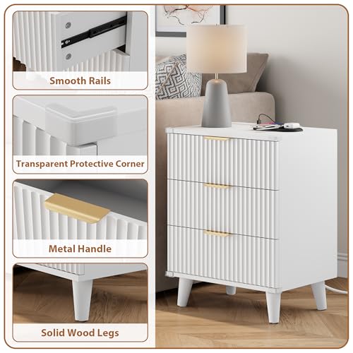 Lulive Wood Bedside Table w/Charging Station, 3 Drawers Fluted Dresser - color: White, size: 3 Drawers-Set of 1 Nightstand