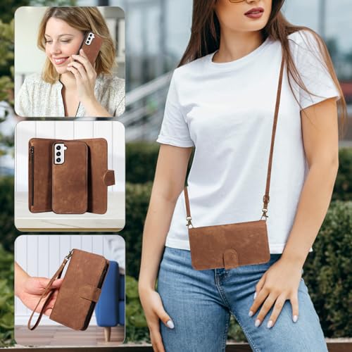 Asuwish Phone Case for Samsung Galaxy S22 5G Zipper Wallet Detachable Magnetic Cover with Tempered Glass Screen Protector Crossbody Lanyard Strap Card Holder S 22 22S 4G G5 6.1 inch Women Girls Brown - color: Brown