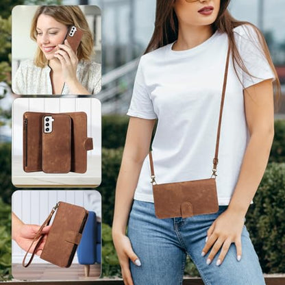 Asuwish Phone Case for Samsung Galaxy S22 5G Zipper Wallet Detachable Magnetic Cover with Tempered Glass Screen Protector Crossbody Lanyard Strap Card Holder S 22 22S 4G G5 6.1 inch Women Girls Brown - color: Brown