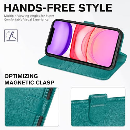 TUCCH Wallet Case for iPhone 11 (6.1") 2019, Flip Stand, Cyan | RFID Blocking, 3 Card Holders, Kickstand, PU Leather, Shockproof TPU Shell, Magnetic Closure, Protective Folio Cover - color: Cyan - Textured