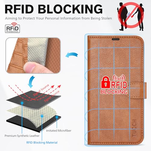 TUCCH Wallet Case for iPhone 13 (6.1") 2021, 3 Card Slots, Light Brown | RFID Blocking, Viewing Stand, Shockproof TPU Shell, PU Leather, Magnetic Closure, Protective Folio Flip Cover - color: Brown - Textured