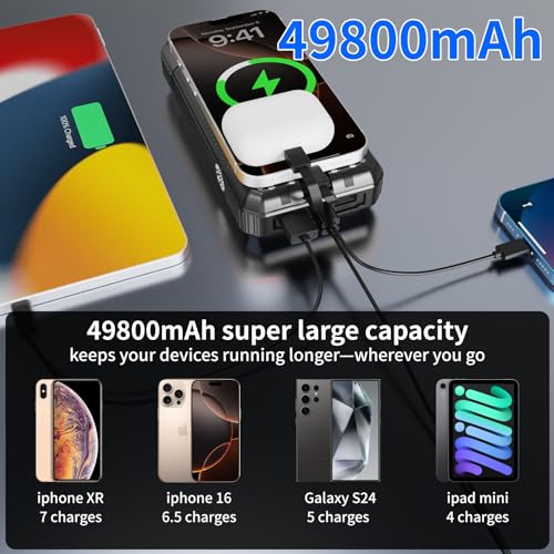 Solar Power Bank 49800mAh, Portable Charger with Built-in 4 Cables, 22.5W Fast Charging Solar Panel Charger for Traveling, Camping and Emergency(Black) - color: Black