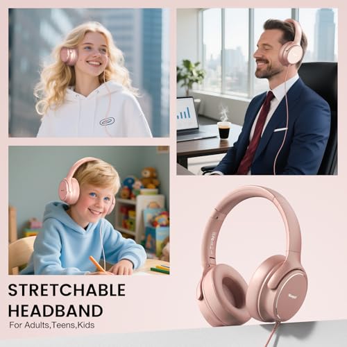 USB C Wired Over-Ear Headphones with Microphone - color: New Rose Gold