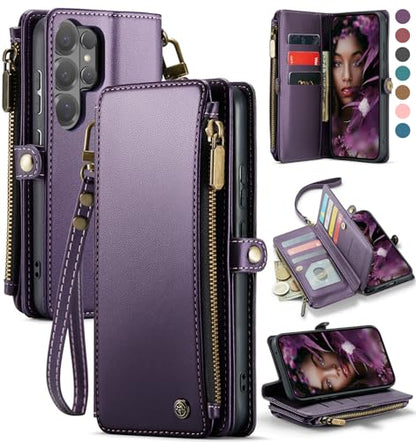 Defencase for Samsung Galaxy S26 Ultra Wallet Case with Card Holder, Purple | with RFID Blocking Zipper Pocket, Durable PU Leather, Wrist Strap, S26 Ultra Flip Phone Cases Cover with Stand for Women Men - color: Purple