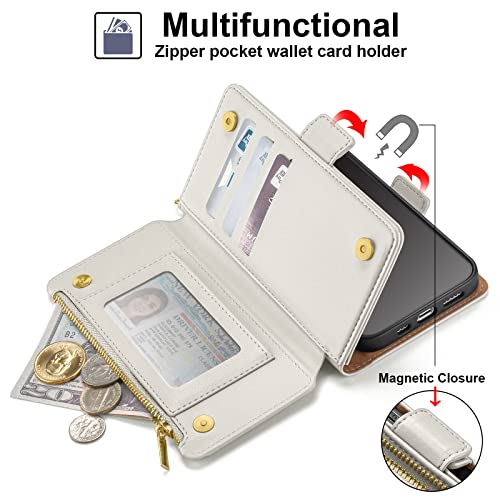 Antsturdy for iPhone 14 Pro Phone Wallet Case Women,Beige | RFID Blocking,with Credit Card Holder Slots,PU Leather Purse,Zipper Pocket,Wrist Strap Kickstand,Flip Folio Cover for Men - color: Beige