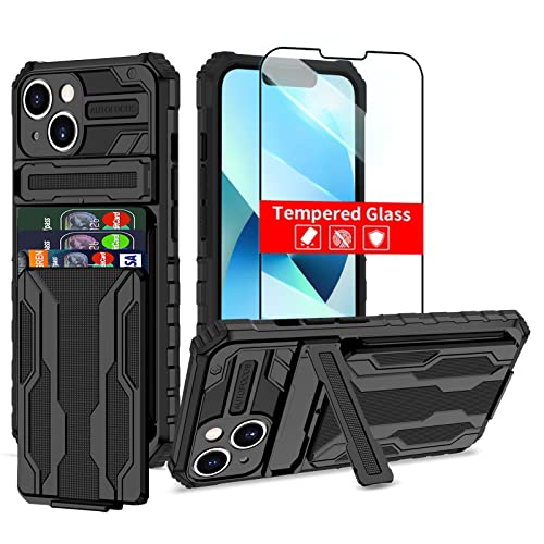 for iPhone 14 Wallet Case with Card Holder, Black | Detachable Card Holder, Built-in Kickstand, with Screen Protectors, Military Grade, Full Body Shockproof - size: for iPhone 14 - 6.1''