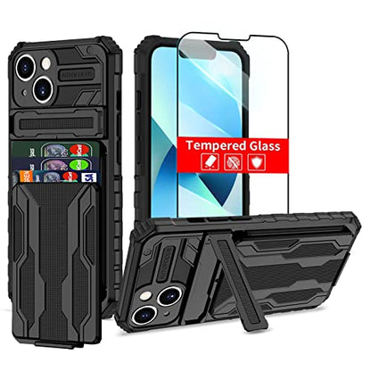for iPhone 14 Wallet Case with Card Holder, Black | Detachable Card Holder, Built-in Kickstand, with Screen Protectors, Military Grade, Full Body Shockproof - size: for iPhone 14 - 6.1''