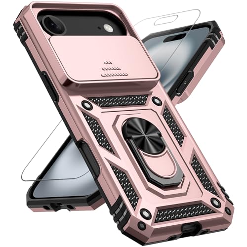 for iPhone Air Case, with Slide Camera Cover HD Screen Protector [Military Grade 16ft. Drop Tested] Ring Holder Kickstand Protective Phone Case for Apple iPhone Air 2025, Rose Gold - color: Rose Gold w/ Slide Camera 2nd gen. Military Grade