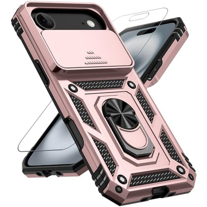 for iPhone Air Case, with Slide Camera Cover HD Screen Protector [Military Grade 16ft. Drop Tested] Ring Holder Kickstand Protective Phone Case for Apple iPhone Air 2025, Rose Gold - color: Rose Gold w/ Slide Camera 2nd gen. Military Grade