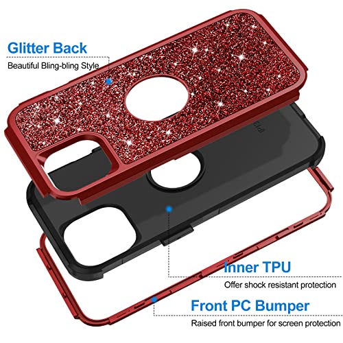 Hython Case for iPhone 13 Case Glitter, Cute Sparkly Shiny Bling Sparkle Cover, Heavy Duty 3 in 1 Hybrid Hard PC Soft TPU Bumper Full Body Shockproof Protective Phone Cases for Women Girls, Red - color: Red