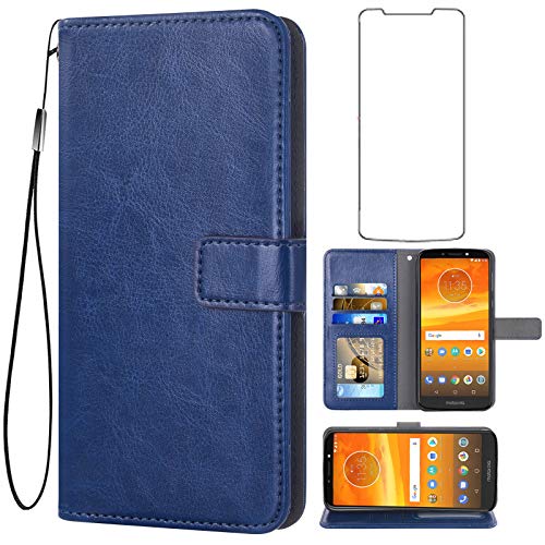 Asuwish Compatible with Moto E5 Plus E 5 Supra Wallet Case Tempered Glass Screen Protector and Flip Card Holder Stand Accessories Phone Cases for Motorola E5+ MotoE5plus 5E 5th Generation E5plus Blue