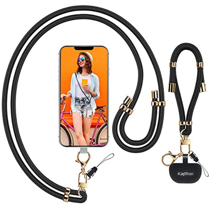 Kaptron 2Pcs Cell Phone Lanyard: Universal Adjustable Crossbody Phone Strap and Wrist Strap, with 2 Lobster Clips and 2 Tether Patches, Compatible with Most iPhone and Android Smartphones (Black/Gold)
