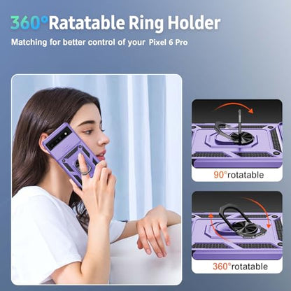 Vinve for Google Pixel 6 Pro Case with Slide Lens Cover, Military Grade Drop Protection, Magnetic Rotated Ring Holder Kickstand Protective Phone Case (Lavender) - color: Lavender ,Military Grade 2nd gen.