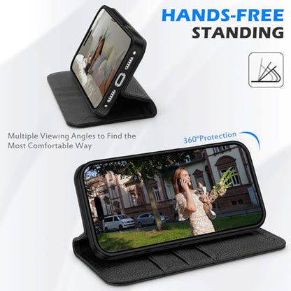 SHIELDON Genuine Leather Case Wallet for iPhone 17 Pro Max, Pebbled Black | Magnetic Closure, RFID Blocking, Credit Card Slot, Viewing Stand, Foldable Design, Shockproof TPU Phone Cover - color: Pebbled Black
