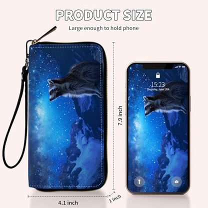 Ladies Wallet,Clutch Purses for Women Wallets Leather Credit Card Holder for Women Wristlet Slim Small Cute with Zipper,Thin RFID Blocking with Wrist Strap,Blue Galaxy Raccoon - color: Blue Galaxy Raccoon