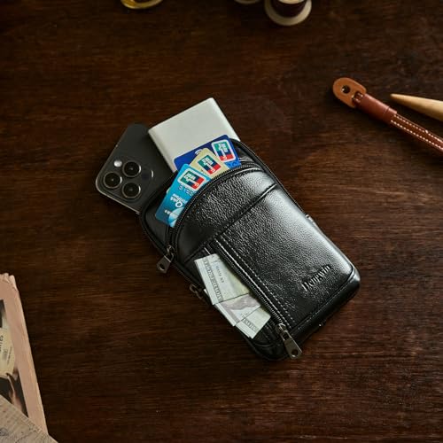 Genuine Leather Crossbody Bag for Men/Women, Small Messenger Bag Cell Phone Purse Shoulder Holster Passport Pouch - color: Black