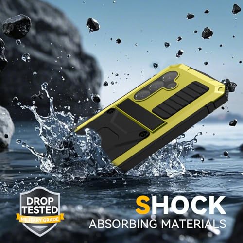 Simicoo for Samsung Galaxy S25 FE Metal Military Heavy Duty Case, Metallic Bumper Shockproof Dustproof Rugged Tough with Stand Screen Protector Camera Control Full Body Drop Protective Cover Yellow - color: Yellow