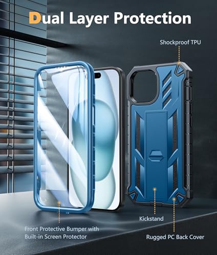 FNTCASE for iPhone 15/14/13 Case, Built-in Screen Protector, Kickstand Blue | 20FT Military-Grade Drop Protection, Anti-Slip Matte Textured, Rugged Heavy Duty Shockproof Protective Phone Cover, Blue - color: Blue