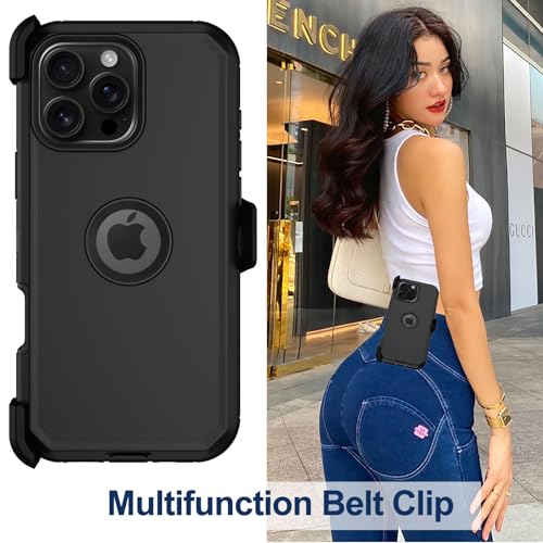 for iPhone 16 Pro Max Phone Case,Military Grade Drop Protection Cell Phone Cover with Belt Clip Holster Stand,Screen Protector x2 Rugged Kickstand for iPhone 16 Pro Max Case 6.9” (Black) - color: Black