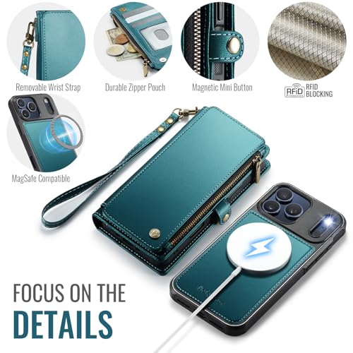 Defencase for iPhone 17 Pro Max Case Wallet Compatible with Magsafe, Green | Drop-Proof Magnetic Detachable Phone Cases Cover, with RFID Bolcking Card Holder, Zipper Strap, PU Leather, Removable Wallet - color: (Detachable with Magsafe)-Blue Green