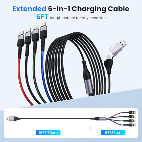 100W 6ft Multi USB Charging Cable, USB C and Lightning Fast Charging Cable 2-in-1, Durable Nylon Braided Multi Charger Cord for iPhone 17 16 15 14 13 12, iPad, Galaxy, Note, MacBook & More - Black - style: 6-in-1 6FT
