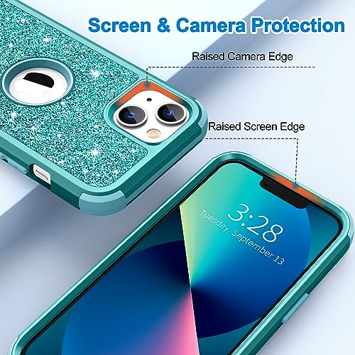 Hython Case for iPhone 13 Case Glitter, Cute Sparkly Shiny Bling Sparkle Cover, Heavy Duty 3 in 1 Hybrid Hard PC Soft TPU Bumper Full Body Shockproof Protective Phone Cases for Women Girls, Teal - color: Teal
