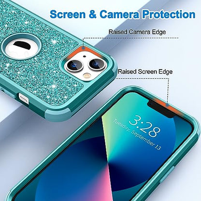 Hython Case for iPhone 13 Case Glitter, Cute Sparkly Shiny Bling Sparkle Cover, Heavy Duty 3 in 1 Hybrid Hard PC Soft TPU Bumper Full Body Shockproof Protective Phone Cases for Women Girls, Teal - color: Teal