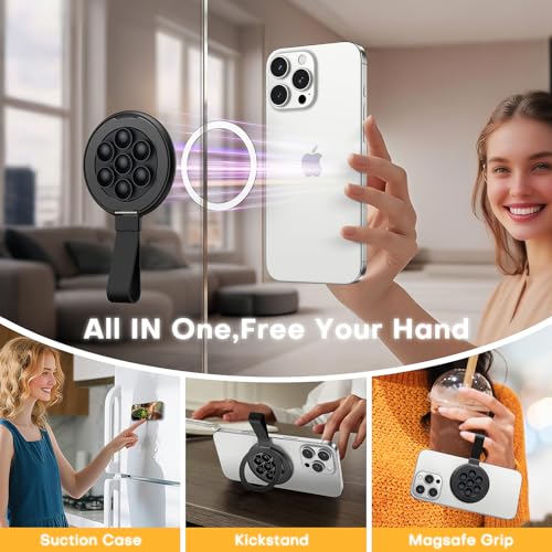 TAURI for Magsafe Suction Phone Grip - Universal Magnetic Suction Grip, 360° Rotating Hands-Free Holder, Silicone Suction Grip for iPhone 17 Pro Max/16/Android/S25,Black - color: Black