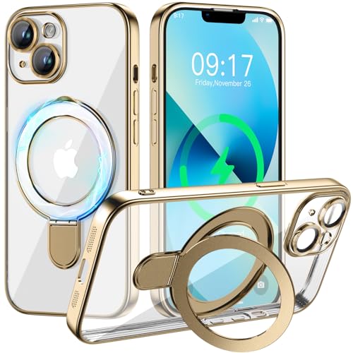 Magnetic for iPhone 13 Case with Invisible Stand[Compatible with MagSafe][Full Camera Lens Protector][Military Drop Protection] Shockproof Not Yellowing Clear Slim Soft Women Men Gold - color: Gold, size: iPhone 13