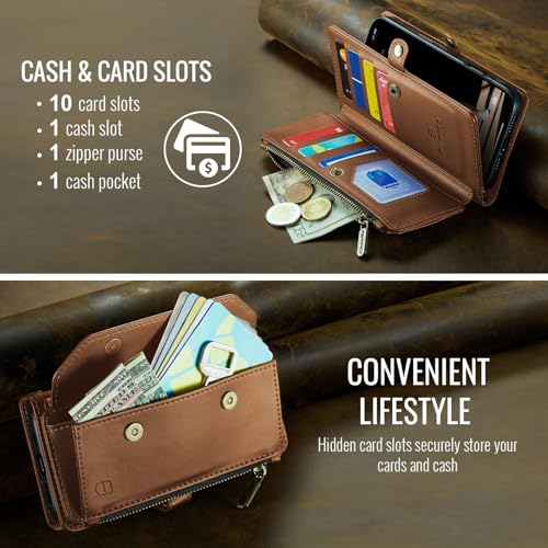 Strapurs Wallet Case Compatible with iPhone 14 Plus RFID Blocking 10-Card Holder Soft PU Leather Magnetic Snap Shoulder Strap Zipper Pocket Phone Case Fit for iPhone 14 Plus 6.7" - Brown | RFID Blocking 10-Card Holder, Shoulder Lanyard, Wirst Strap, Zippe