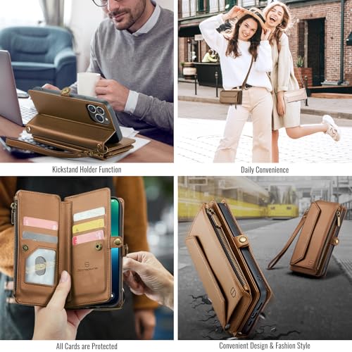 Strapurs Wallet Case Compatible with iPhone 13 Pro RFID Blocking 7-Card Holder Soft PU Leather Magnetic Snap Shoulder Strap Zipper Pocket Phone Case Fit for iPhone 13 Pro 6.1" - Brown | RFID Blocking 7-Card Holder, Shoulder Lanyard, Wirst Strap, Zipper Po
