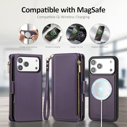 Antsturdy Compatible with MagSafe iPhone 17 Pro Wallet Case,Purple | Detachable Magnetic Credit Card Holder,RFID Blocking,PU Leather Zipper Purse,Wrist Strap Kickstand,Flip Phone Cover for Women - color: (Detachable with Magsafe)-Purple