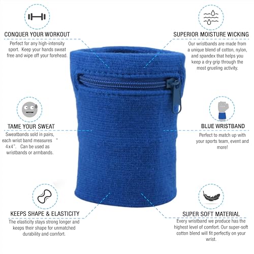 Suddora Zipper Wrist Pouch - Sweatband/Wristband Wallet for Keys, ID, Cards, Cash - color: Blue