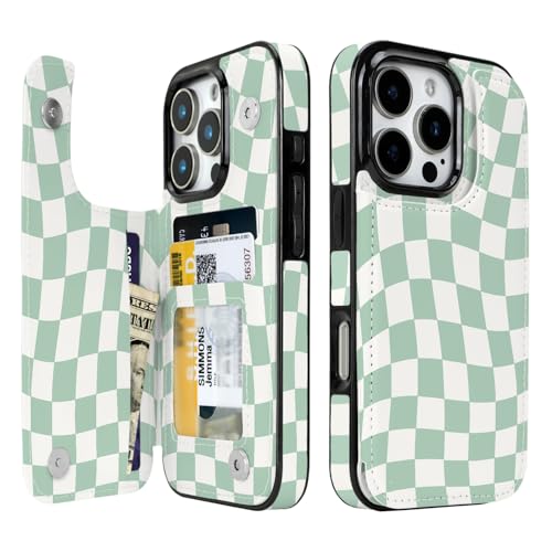 for iPhone 16 Pro Case Wallet with Card Holder (Green Checkerboard) | Flip PU Leather,Built-in Card Slots, Kickstand,RFID Blocking and Shockproof Case - color: Green Checkerboard, size: iPhone 16 Pro 6.3 inch