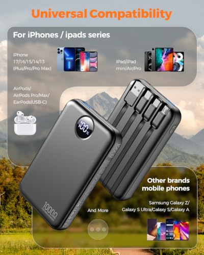 Portable Charger 10000mAh with 4 Built-in Cables 40% Smaller - color: Black