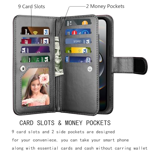 NJJEX Compatible with iPhone 16E Wallet Case, 9 Card Slots, Black | PU leather folio flip, detachable magnetic phone cover, integrated kickstand, included lanyard - color: Black, size: iPhone 16E