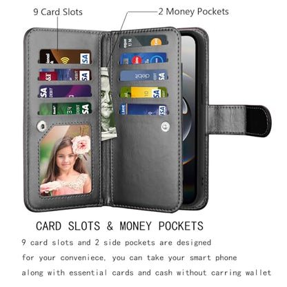 NJJEX Compatible with iPhone 16E Wallet Case, 9 Card Slots, Black | PU leather folio flip, detachable magnetic phone cover, integrated kickstand, included lanyard - color: Black, size: iPhone 16E
