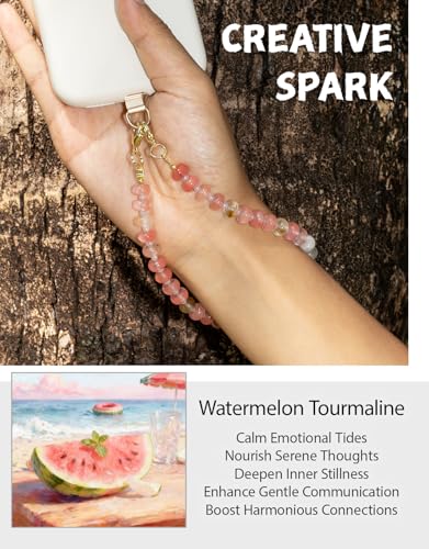 CH.yishi Beaded Phone Charm Wrist Strap with Tether Tab,Camera Lanyard - color: Watermelon Tourmaline