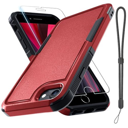Case for iPhone 8/7/SE 2022 2020, with Screen Protector,Military Grade Heavy Duty Shockproof Phone Cover with Wrist Lanyard Strap for iPhone 8/7/SE 2nd 3rd 4.7 inch,Red | with Screen Protector+Wrist Lanyard Strap,Heavy Duty Shockproof Case for iPhone 8/7/