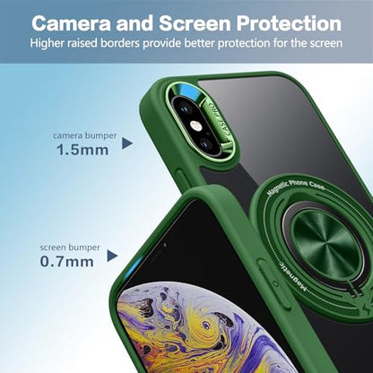 for iPhone Xs Case and iPhone X Case Compatible with Magnetic | With Ring Holder,Transparent Hard PC,Rotated Ring Holder Kickstand Phone Case 5.8in,Green JUS12-39 - color: Green
