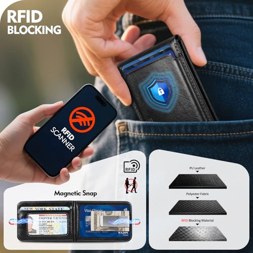 Shieldtop RFID Blocking MagSafe Wallet Stand with Card Holder,5 Card Slots & ID Window,PU Leather Magnetic Adjustable Kickstand for iPhone 12/13/14/15/16/17 Pro Max & Air Plus Series,Black - color: Black