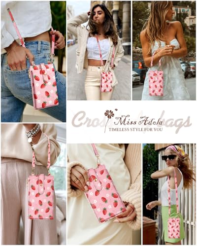 Miss Adola RFID Cell Phone Purse Crossbody Bag for Women | RFID Blocking, Card Slots, Dual Straps, Leather Phone Wallet, Magnetic Buckle, Smooth Zipper, Crossbody Purse for Daily Use - color: Flower Strawberry