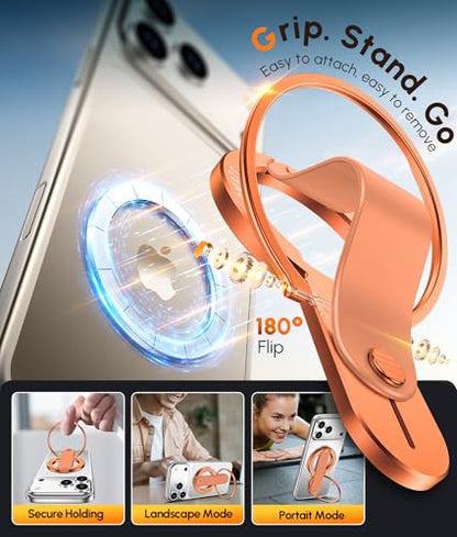 GripMate 2nd Magnetic Phone Ring Holder, Slim MagSafe Finger Loop Grip - color: Orange
