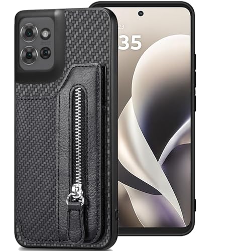 for Motorola Moto G Power 2026 Wallet Case with Card Holder, Slim | Shockproof Protective Phone Cases for Women, Carbon Fiber Pattern Design, Built-in 4 Credit Card Slots and 1 Zipper Pocket - color: Black